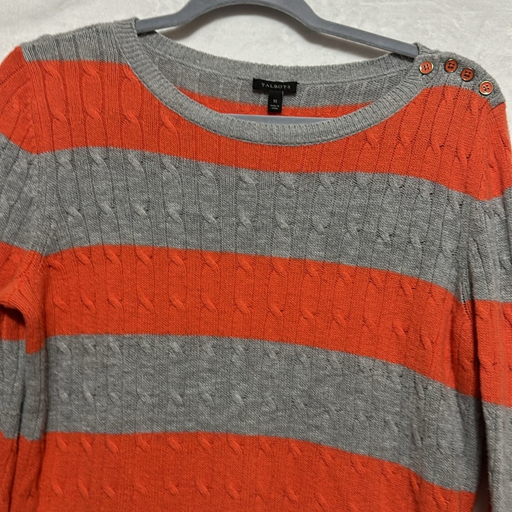 Talbots Lambswool Blend Women’s Grey Orange Striped Sweater Size Medium - Picture 3 of 6